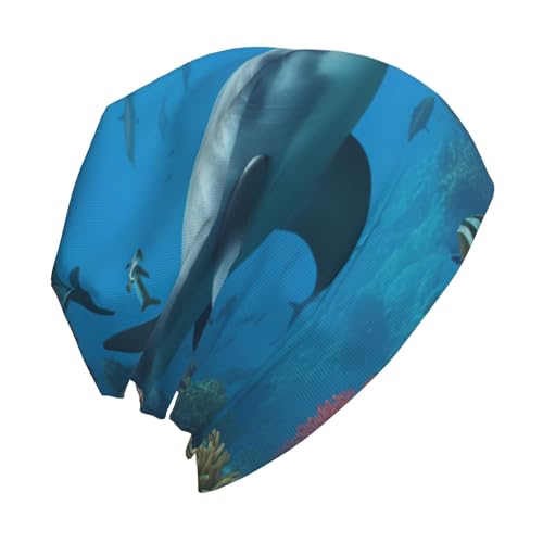 Dolphins Sea Turtle Shark Octopus Coral Reef Print Beanie Hat for Men and Women Stretchy Slouchy Winter Warm Cap Headwear ...