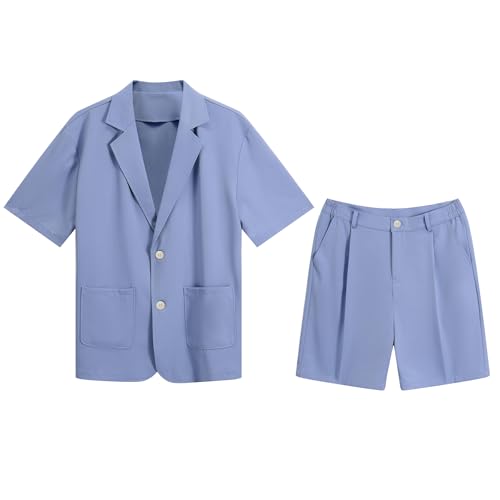 Cloudstyle Mens 2 Piece Top Shorts Matching Set Solid Button Up Summer Beach Casual Outfits