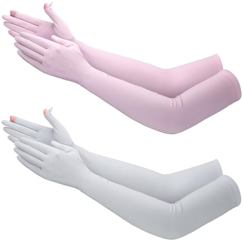 Jecery 2 Pairs UV Long Sun Gloves Women's Sunblock Driving Gloves Non Slip Full Finger Arm Sun Protective for Outdoor Sports