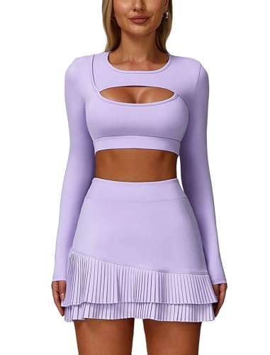 EFOGEP Women's Long Sleeve Tennis Dress Set 2 Piece Athletic Dress with Built-in Shorts for Tennis Golf Workout