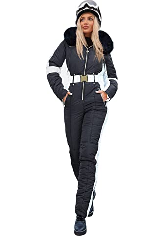 Zwurew Womens Winter Ski Suit Outdoor Sports Waterproof Snowsuit Fur Collar Ski Jumpsuit Coat