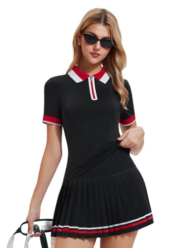 IUK Women's 2-Piece Tennis Skirt Set, Polo V-Neck Top & High-Waisted Pleated Skirt, Athletic Outfit for Golf Pickleball