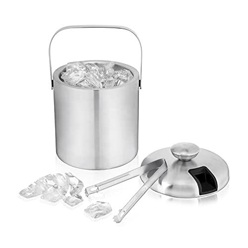 True Stainless Steel Ice Buckets for Parties with Lid, 1.3L Capacity Double Wall Ice Bucket with Tongs, Insulated Ice Buck...