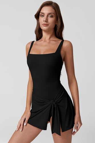 QINSEN Square Neck Swim Dress for Women Tummy Control One Piece Swimsuit Wrap Bathing Suit