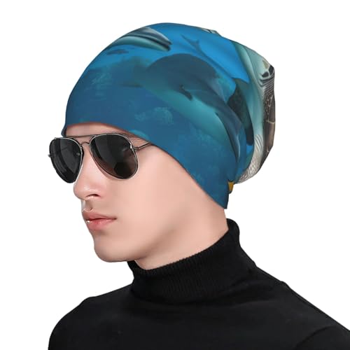 Dolphins Sea Turtle Shark Octopus Coral Reef Print Beanie Hat for Men and Women Stretchy Slouchy Winter Warm Cap Headwear ...