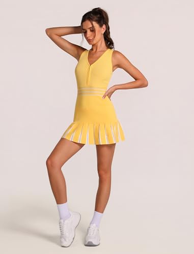 ABOCIW Womens Half Zip Knit Tennis Dress Colorblock Pleated Athletic Dress Sleeveless Workout Golf Dresses with Shorts