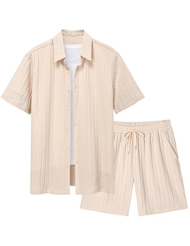 LecGee Men's 2 Piece Vertical Striped Textured Outfits Summer Casual Button Down Shirts and Shorts Matching Sets