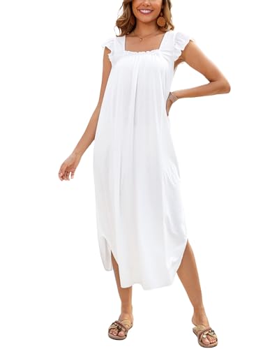 Bsubseach Long Beach Cover Ups for Women Ruffle Cap Short Sleeve Swimsuit Coverup Casual Square Neck Maxi Dresses(White, S...