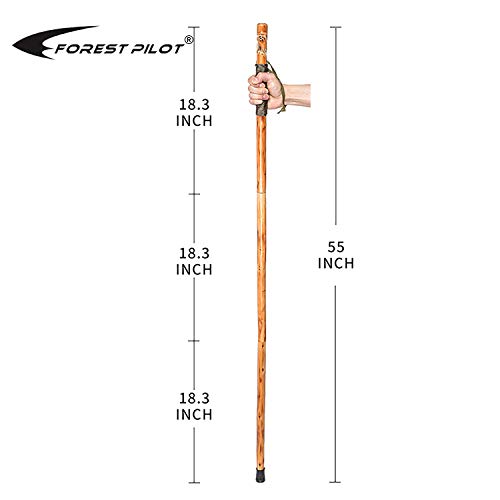 FOREST PILOT 3pc Detachable Fir Wood Walking Stick for Hiking with Compass 55 Inches - with Animal Carving - Soft Hand Str...