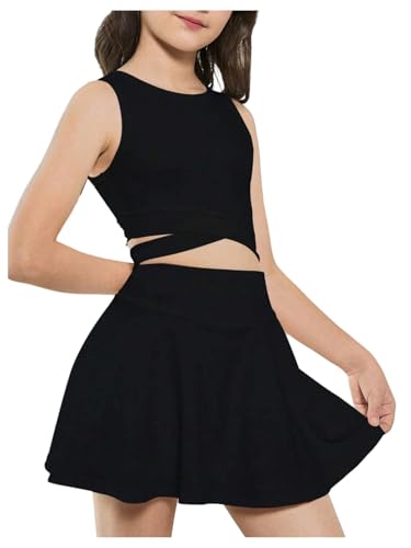 WDIRARA Girl's Workout Outfits Crisscross Crop Tank Top and Flare Skort Skirt Set