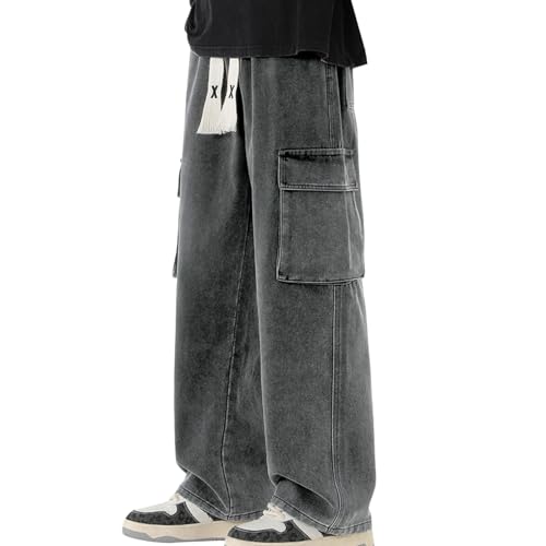 Mens Baggy Jeans Pants Loose Wide Leg Elastic Waist Cargo Pants Y2K Trendy Straight Drawstring Comfort Streetwear Trousers