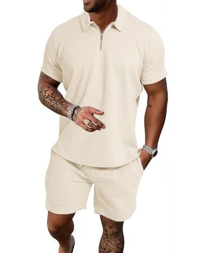 GYMELITE Men's 2 Piece Short Sets Outfits Summer Polo Shirts and Shorts Casual Zip Short Sleeve Fashion Shorts Tracksuit Set