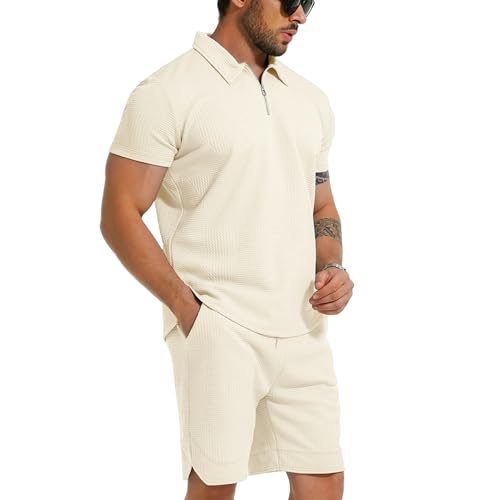 GYMELITE Men's 2 Piece Short Sets Outfits Summer Polo Shirts and Shorts Casual Zip Short Sleeve Fashion Shorts Tracksuit Set