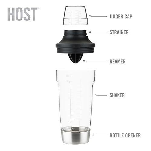 Host All in One Cocktail Shaker Set with Measurements, Reamer, Bottle Opener, Strainer and Jigger for Cold Brew Cocktails,...