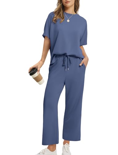 Sampeel Two Piece Sets for Women Summer Outfits Oversized Wide Leg Crop Pants Lounge Sets Airport Beach Vacation Clothes