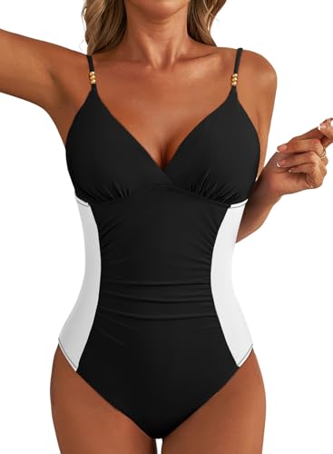 Aleumdr Women One Piece Swimsuit Tummy Control V Neck Ruched Bathing Suit Push Up Gold Metal Modest Slimming Swimwear