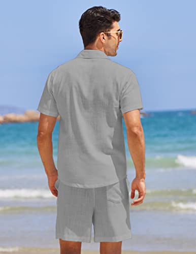 COOFANDY Men 2 Piece Linen Set Casual Short Sleeve Shirt and Short Beach Set