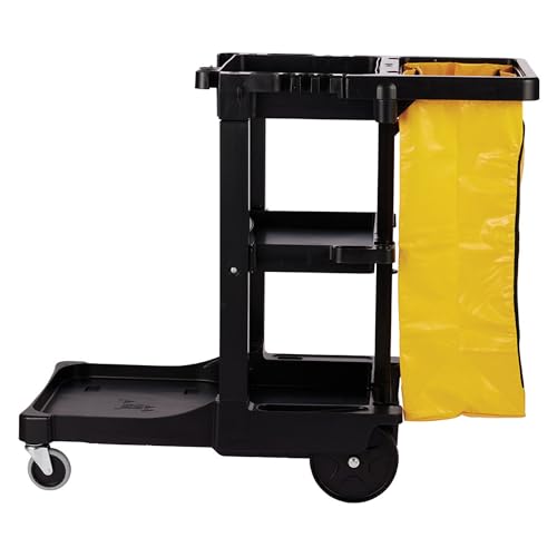 Rubbermaid Commercial Traditional Janitorial 3-Shelf Cleaning Cart, Wheeled with Zippered Yellow Vinyl Bag, for Business/School/Office/Janatorial Cleaning