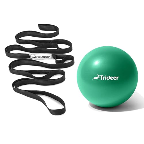 Trideer Stretching Strap and 9 Inch Mini Exercise Ball Bundle – Yoga Strap with 10 Loops and Pilates Ball for Physical The...