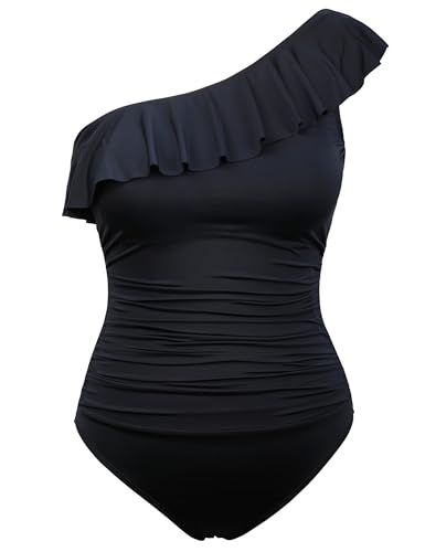 Hilor Women's One Piece Swimsuit One Shoulder Ruffle Tummy Control Bathing Suit Modest Slimming Swimwear Flattering Monokini
