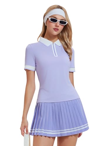 IUK Women's 2-Piece Tennis Skirt Set, Polo V-Neck Top & High-Waisted Pleated Skirt, Athletic Outfit for Golf Pickleball
