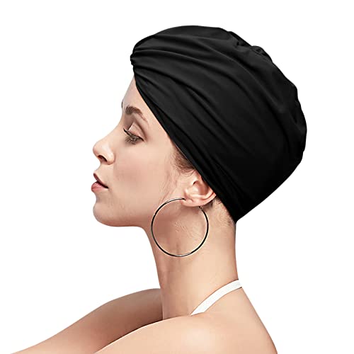 Women Swim Cap Elastic Swim Turban Cap Cover Ear Bath Pool Swimming Cap Pleated Shower Cap for Long Short Weave Curls Hair