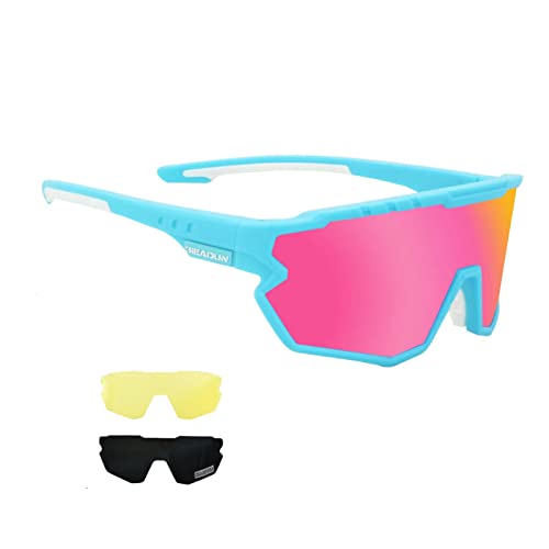 GIEADUN Sports Sunglasses Cycling Glasses Pink Polarized Glasses Baseball glasses with 3 lenses,Fishing,Ski Running Golf