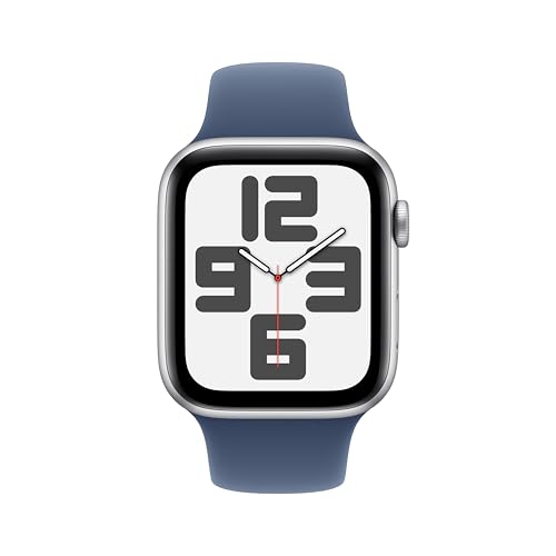 Apple Watch SE (2nd Gen) [GPS 44mm] Smartwatch with Silver Aluminum Case with Denim Sport Band M/L. Fitness and Sleep Trac...
