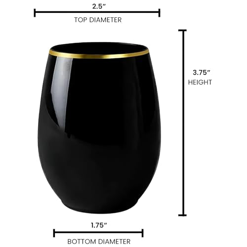 Black Stemless Plastic Wine Glasses With Gold Rim Design (12 Oz.) - Pack Of 16 - Disposable & Chic, Perfect For Parties, W...