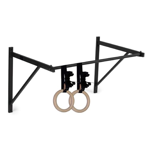 Titan HD Wall Mounted Pull Up Chin Up Bar with 8 in. Wood Olympic Gymnastic Rings - 1.5 in. W Heavy Duty Thick Straps &