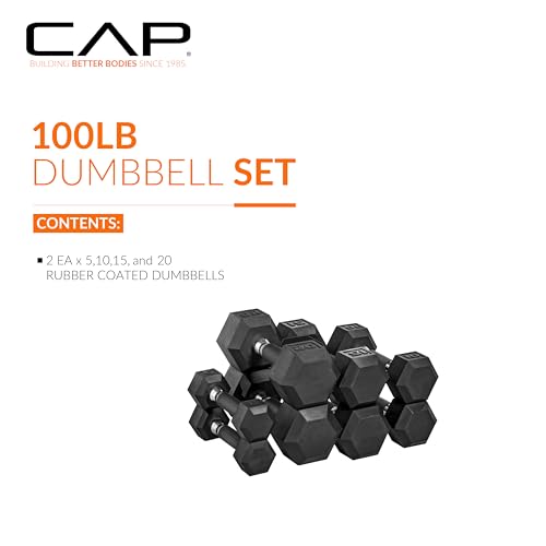CAP 100 LB Coated Hex Dumbbell Weight Set with Comfort Grip and with Vertical Rack