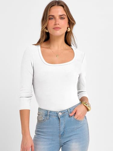 ANRABESS Womens 3/4 Sleeve Scoop Neck Tops Ribbed Knit Slim Fitted Casual Basic Tee Shirts 2025 Fall Trendy Going Out T-Shirt
