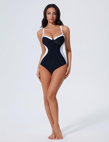 SUUKSESS Womens Tummy Control One Piece Swimsuit Sexy Crisscross Back Bathing Suit