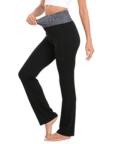 HDE Women's Color Block Fold Over Waist Yoga Pants Flare Leg Workout Leggings