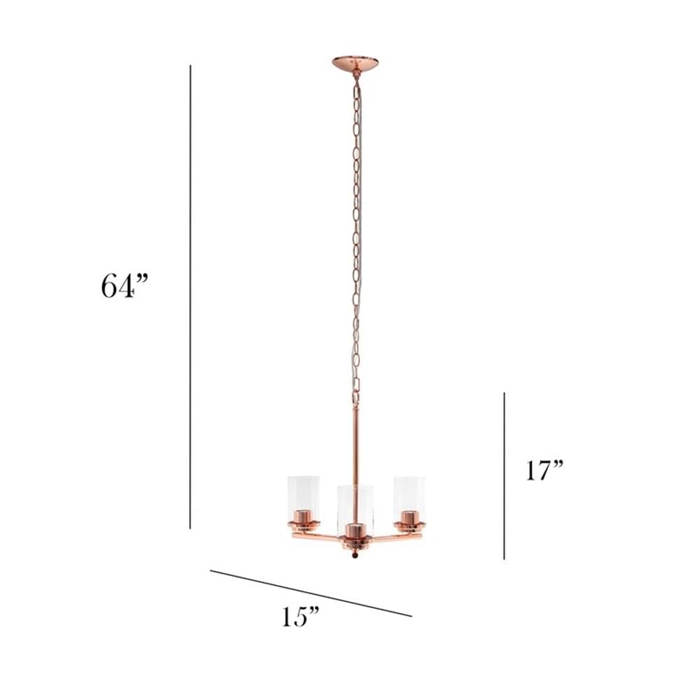 Elegant Designs 3-Light Pendant Chandelier, Rose Gold, Glass, 15x15x64, Model PT1018-RGD