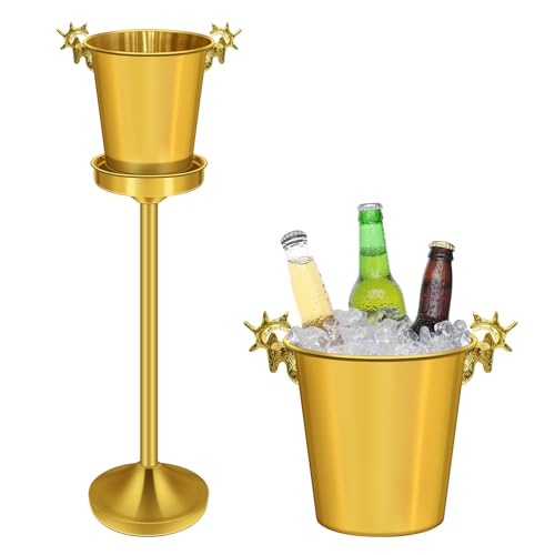 ExGizmo Ice Bucket with Stand,Gold Stainless Steel Champagne Ice Bucket,Deer Head Handle Wine Chiller Bucket for Christmas...