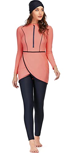 HOKFDC Women Full Covered Swimwear Modest Muslim Swimsuits 3 Pieces Islamic Long Sleeve Burkini with Swimming Cap