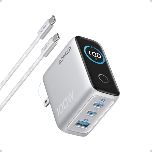 Anker Charger, 100W Max Ultra-Compact 3-Port GaN USB C Charger Block with Smart Display and Touch Control, Fast Wall Adapt...