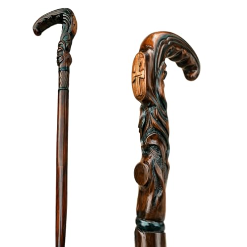 Wooden Christian Cross Engraved Hand Carved Cane - Premium Wood Carved Walking Stick Cane with Ergonomic Palm Grip Handle...