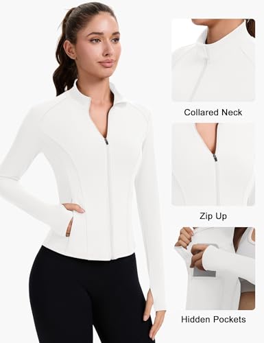 ZHENWEI Workout Jackets for Women Full Zip Up Cropped Athletic Long Sleeve Lightweight Slim Fit Running Tops with Pockets