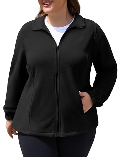 COOTRY Plus Size Fleece Jacket Women Lightweight Zip Up Jackets Soft Warm Long Sleeve Polar Coat with Pockets for Winter