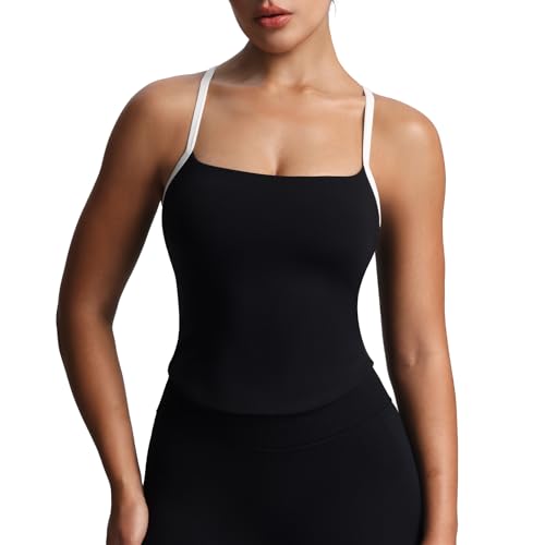 Aoxjox Women's Workout Sleeveless Color Block Lexi Tank Tops Contrasting Strap Cross Back Yoga Curve Longline Crop Top