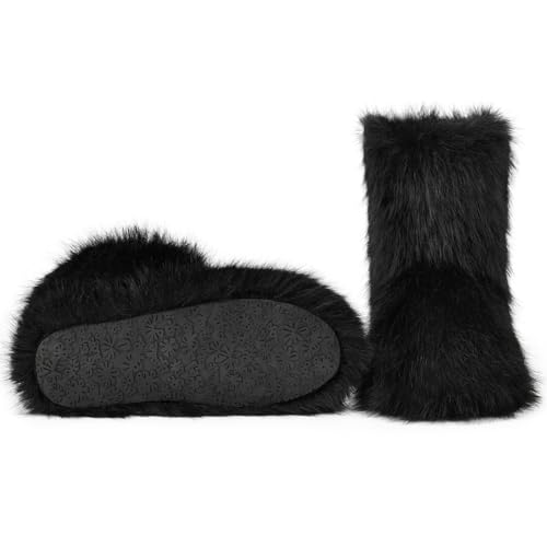 QLR Faux Fur Boots for Women Furry Fuzzy Fluffy Boots Round Toe Mid-Calf Winter Snow Boots Comfortable Outdoor Flat Shoes