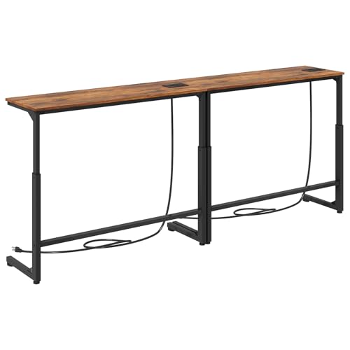 Kitstorack 2-Pack Rustic Brown Console Table, 7.9" Deep Panel, Adjustable Height (25"-33") & Built-in Power Outlets, Behin...