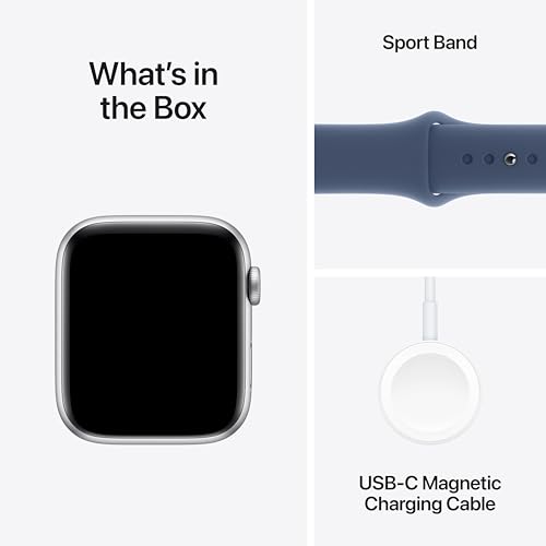 Apple Watch SE (2nd Gen) [GPS 44mm] Smartwatch with Silver Aluminum Case with Denim Sport Band M/L. Fitness and Sleep Trac...