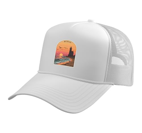 Michigan Lighthouse Sunset Waves Beach Trucker Hat with Adjustable Mesh Back