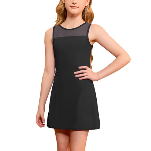 CHILDRENSTAR Girls Tennis Dress Sleeveless Mesh Contrast Golf Athletic Dresses Activewear Sets Built-in Bra & Separate Shorts