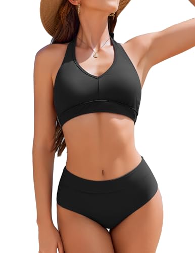 AI'MAGE Bikini Sets for Women High Waisted Two Piece Bathing Suit Tummy Control Swimsuits Halter Color Block Swimwear 2025