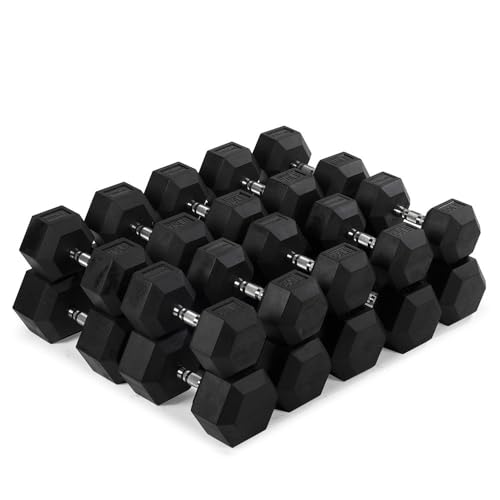Titan Fitness Rubber Hex Dumbbells, 5 LB-50 LB Set of Pairs, Roll-Resistant Hexagonal Free Weights, Hex Dumbbell set with ...