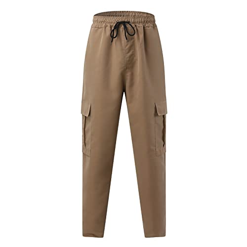 Men's Fashion Cargo Pants Solid Casual Drawstring Outdoor Hiking Pants Elastic Waisted Straight Leg Work Trousers with Pocket